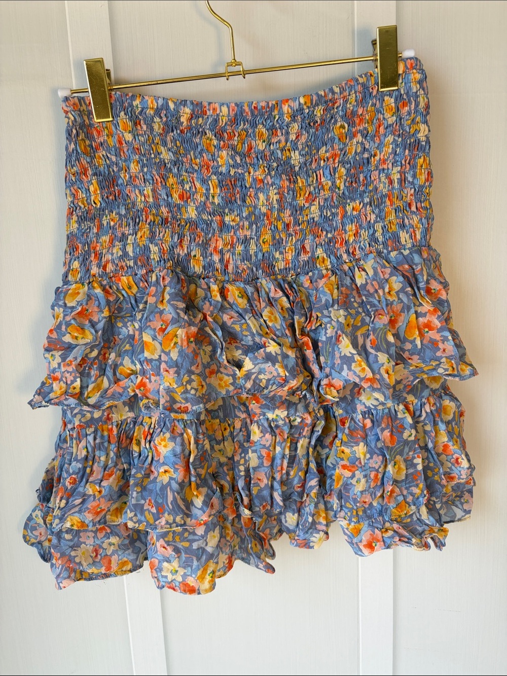 Blue Floral Smocked Ruffle Mini Skirt